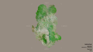 Tayland 'ın Sukhothai bölgesinde katı bir arka planda izole edilmiş bir sınır kutusu var. Etiketler. Uydu görüntüleri. 3B görüntüleme