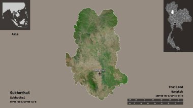 Sukhothai 'nin şekli, Tayland eyaleti ve başkenti. Uzaklık ölçeği, ön gösterimler ve etiketler. Uydu görüntüleri. 3B görüntüleme