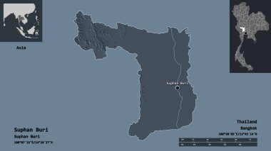Suphan Buri 'nin şekli, Tayland vilayeti ve başkenti. Uzaklık ölçeği, ön gösterimler ve etiketler. Renkli yükseklik haritası. 3B görüntüleme