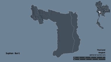 Tayland 'ın Suphan Buri şehrinin başkenti, katı bir zemin ile izole edilmiştir. Uzaklık ölçeği, bölge önizlemesi ve etiketleri. Renkli yükseklik haritası. 3B görüntüleme