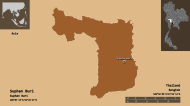 Suphan Buri 'nin şekli, Tayland vilayeti ve başkenti. Uzaklık ölçeği, ön gösterimler ve etiketler. Desenli dokuların bileşimi. 3B görüntüleme