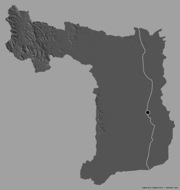 Tayland 'ın Suphan Buri şehrinin başkenti, koyu renk arka planda izole edilmiştir. Çift seviyeli yükseklik haritası. 3B görüntüleme