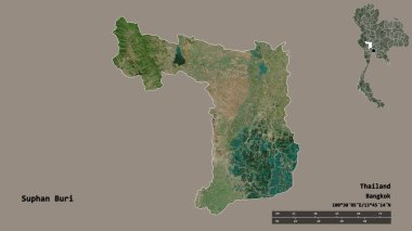 Tayland 'ın Suphan Buri şehrinin başkenti, katı bir zemin ile izole edilmiştir. Uzaklık ölçeği, bölge önizlemesi ve etiketleri. Uydu görüntüleri. 3B görüntüleme