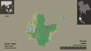 Surat Thani 'nin şekli, Tayland ili ve başkenti. Uzaklık ölçeği, ön gösterimler ve etiketler. Topografik yardım haritası. 3B görüntüleme