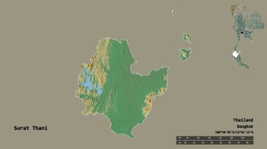 Tayland 'ın Surat Thani eyaleti, başkenti sağlam bir zemin ile izole edilmiştir. Uzaklık ölçeği, bölge önizlemesi ve etiketleri. Topografik yardım haritası. 3B görüntüleme