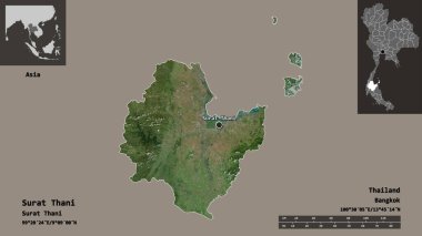Surat Thani 'nin şekli, Tayland ili ve başkenti. Uzaklık ölçeği, ön gösterimler ve etiketler. Uydu görüntüleri. 3B görüntüleme