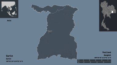Surin 'in şekli, Tayland eyaleti ve başkenti. Uzaklık ölçeği, ön gösterimler ve etiketler. Renkli yükseklik haritası. 3B görüntüleme