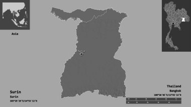 Surin 'in şekli, Tayland eyaleti ve başkenti. Uzaklık ölçeği, ön gösterimler ve etiketler. Çift seviyeli yükseklik haritası. 3B görüntüleme