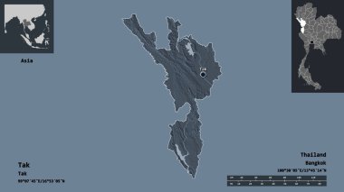 Tak 'ın şekli, Tayland vilayeti ve başkenti. Uzaklık ölçeği, ön gösterimler ve etiketler. Renkli yükseklik haritası. 3B görüntüleme