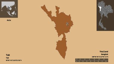 Tak 'ın şekli, Tayland vilayeti ve başkenti. Uzaklık ölçeği, ön gösterimler ve etiketler. Desenli dokuların bileşimi. 3B görüntüleme
