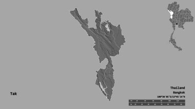 Tayland 'ın Tak eyaleti, başkenti sağlam bir zemin üzerinde izole edilmiştir. Uzaklık ölçeği, bölge önizlemesi ve etiketleri. Çift seviyeli yükseklik haritası. 3B görüntüleme