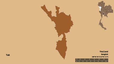 Tayland 'ın Tak eyaleti, başkenti sağlam bir zemin üzerinde izole edilmiştir. Uzaklık ölçeği, bölge önizlemesi ve etiketleri. Desenli dokuların bileşimi. 3B görüntüleme