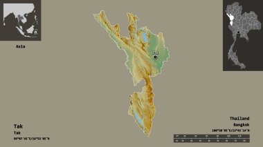 Tak 'ın şekli, Tayland vilayeti ve başkenti. Uzaklık ölçeği, ön gösterimler ve etiketler. Topografik yardım haritası. 3B görüntüleme