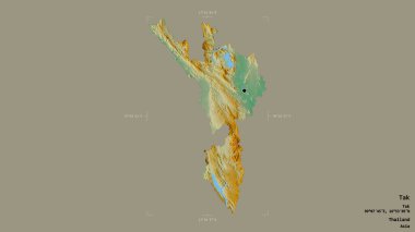 Tak bölgesi, Tayland vilayeti, katı bir arka planda izole edilmiş bir sınır kutusunda. Etiketler. Topografik yardım haritası. 3B görüntüleme