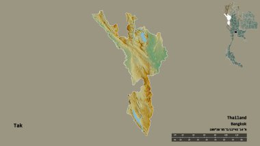 Tayland 'ın Tak eyaleti, başkenti sağlam bir zemin üzerinde izole edilmiştir. Uzaklık ölçeği, bölge önizlemesi ve etiketleri. Topografik yardım haritası. 3B görüntüleme