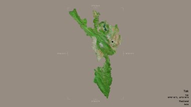 Tak bölgesi, Tayland vilayeti, katı bir arka planda izole edilmiş bir sınır kutusunda. Etiketler. Uydu görüntüleri. 3B görüntüleme