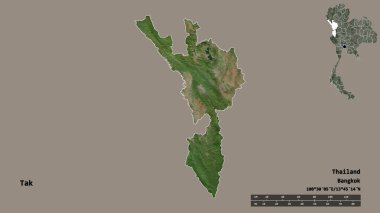 Tayland 'ın Tak eyaleti, başkenti sağlam bir zemin üzerinde izole edilmiştir. Uzaklık ölçeği, bölge önizlemesi ve etiketleri. Uydu görüntüleri. 3B görüntüleme