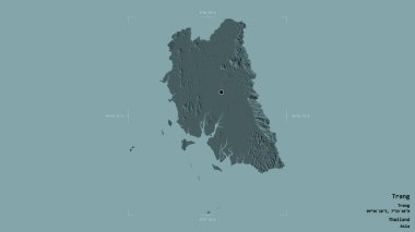 Trang bölgesi, Tayland vilayeti, katı bir arka planda izole edilmiş bir sınır kutusunda. Etiketler. Renkli yükseklik haritası. 3B görüntüleme