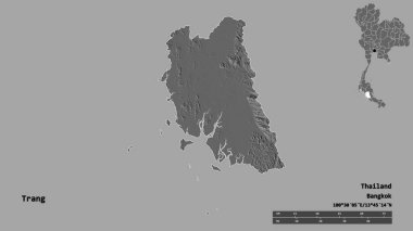 Tayland 'ın Trang eyaleti, başkenti sağlam bir zemin üzerinde izole edilmiştir. Uzaklık ölçeği, bölge önizlemesi ve etiketleri. Çift seviyeli yükseklik haritası. 3B görüntüleme