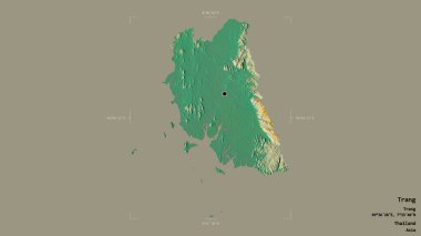 Trang bölgesi, Tayland vilayeti, katı bir arka planda izole edilmiş bir sınır kutusunda. Etiketler. Topografik yardım haritası. 3B görüntüleme