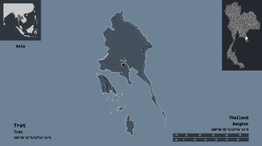 Trat 'ın şekli, Tayland eyaleti ve başkenti. Uzaklık ölçeği, ön gösterimler ve etiketler. Renkli yükseklik haritası. 3B görüntüleme