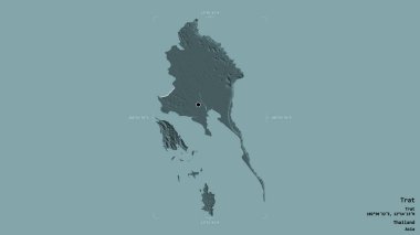 Trat bölgesi, Tayland vilayeti, katı bir arka planda izole edilmiş bir sınır kutusunda. Etiketler. Renkli yükseklik haritası. 3B görüntüleme