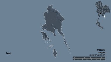 Tayland 'ın Trat eyaleti, başkenti sağlam bir zemin üzerinde izole edilmiştir. Uzaklık ölçeği, bölge önizlemesi ve etiketleri. Renkli yükseklik haritası. 3B görüntüleme