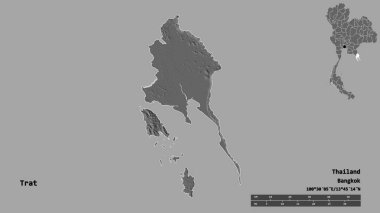 Tayland 'ın Trat eyaleti, başkenti sağlam bir zemin üzerinde izole edilmiştir. Uzaklık ölçeği, bölge önizlemesi ve etiketleri. Çift seviyeli yükseklik haritası. 3B görüntüleme