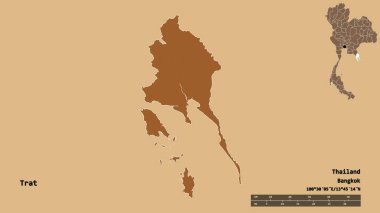 Tayland 'ın Trat eyaleti, başkenti sağlam bir zemin üzerinde izole edilmiştir. Uzaklık ölçeği, bölge önizlemesi ve etiketleri. Desenli dokuların bileşimi. 3B görüntüleme