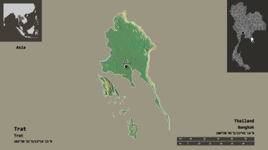 Trat 'ın şekli, Tayland eyaleti ve başkenti. Uzaklık ölçeği, ön gösterimler ve etiketler. Topografik yardım haritası. 3B görüntüleme