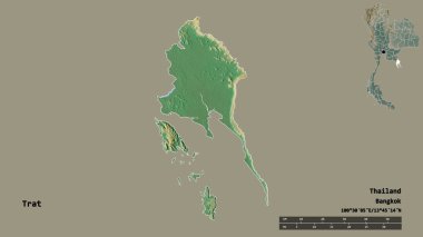 Tayland 'ın Trat eyaleti, başkenti sağlam bir zemin üzerinde izole edilmiştir. Uzaklık ölçeği, bölge önizlemesi ve etiketleri. Topografik yardım haritası. 3B görüntüleme