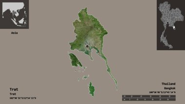 Trat 'ın şekli, Tayland eyaleti ve başkenti. Uzaklık ölçeği, ön gösterimler ve etiketler. Uydu görüntüleri. 3B görüntüleme