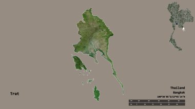 Tayland 'ın Trat eyaleti, başkenti sağlam bir zemin üzerinde izole edilmiştir. Uzaklık ölçeği, bölge önizlemesi ve etiketleri. Uydu görüntüleri. 3B görüntüleme