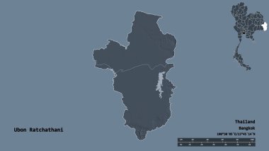 Tayland 'ın başkenti Ubon Ratchathani' nin katı arka planda izole edilmiş hali. Uzaklık ölçeği, bölge önizlemesi ve etiketleri. Renkli yükseklik haritası. 3B görüntüleme