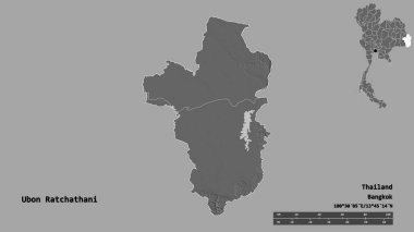 Tayland 'ın başkenti Ubon Ratchathani' nin katı arka planda izole edilmiş hali. Uzaklık ölçeği, bölge önizlemesi ve etiketleri. Çift seviyeli yükseklik haritası. 3B görüntüleme