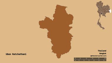 Tayland 'ın başkenti Ubon Ratchathani' nin katı arka planda izole edilmiş hali. Uzaklık ölçeği, bölge önizlemesi ve etiketleri. Desenli dokuların bileşimi. 3B görüntüleme