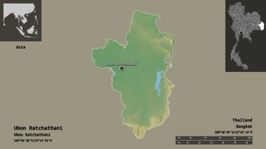 Ubon Ratchathani, Tayland eyaleti ve başkenti. Uzaklık ölçeği, ön gösterimler ve etiketler. Topografik yardım haritası. 3B görüntüleme
