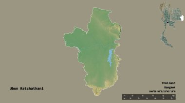 Tayland 'ın başkenti Ubon Ratchathani' nin katı arka planda izole edilmiş hali. Uzaklık ölçeği, bölge önizlemesi ve etiketleri. Topografik yardım haritası. 3B görüntüleme
