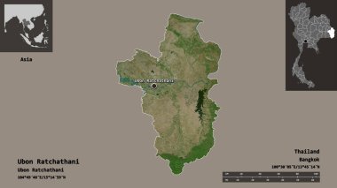 Ubon Ratchathani, Tayland eyaleti ve başkenti. Uzaklık ölçeği, ön gösterimler ve etiketler. Uydu görüntüleri. 3B görüntüleme