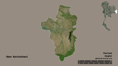 Tayland 'ın başkenti Ubon Ratchathani' nin katı arka planda izole edilmiş hali. Uzaklık ölçeği, bölge önizlemesi ve etiketleri. Uydu görüntüleri. 3B görüntüleme