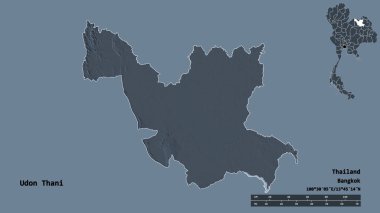 Tayland 'ın Udon Thani bölgesinin başkenti, sağlam bir zemin ile izole edilmiştir. Uzaklık ölçeği, bölge önizlemesi ve etiketleri. Renkli yükseklik haritası. 3B görüntüleme