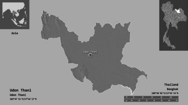 Tayland 'ın Udon Thani ili ve başkenti. Uzaklık ölçeği, ön gösterimler ve etiketler. Çift seviyeli yükseklik haritası. 3B görüntüleme