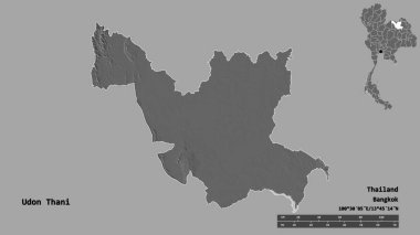Tayland 'ın Udon Thani bölgesinin başkenti, sağlam bir zemin ile izole edilmiştir. Uzaklık ölçeği, bölge önizlemesi ve etiketleri. Çift seviyeli yükseklik haritası. 3B görüntüleme