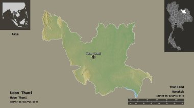 Tayland 'ın Udon Thani ili ve başkenti. Uzaklık ölçeği, ön gösterimler ve etiketler. Topografik yardım haritası. 3B görüntüleme