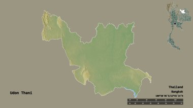 Tayland 'ın Udon Thani bölgesinin başkenti, sağlam bir zemin ile izole edilmiştir. Uzaklık ölçeği, bölge önizlemesi ve etiketleri. Topografik yardım haritası. 3B görüntüleme