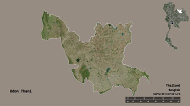 Tayland 'ın Udon Thani bölgesinin başkenti, sağlam bir zemin ile izole edilmiştir. Uzaklık ölçeği, bölge önizlemesi ve etiketleri. Uydu görüntüleri. 3B görüntüleme
