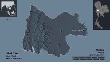 Uthai Thani 'nin şekli, Tayland eyaleti ve başkenti. Uzaklık ölçeği, ön gösterimler ve etiketler. Renkli yükseklik haritası. 3B görüntüleme
