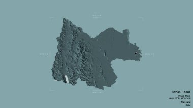 Tayland 'ın Uthai Thani bölgesinde katı bir arka planda izole edilmiş bir sınır kutusunda. Etiketler. Renkli yükseklik haritası. 3B görüntüleme