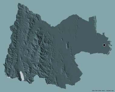 Tayland 'ın başkenti Uthai Thani' nin katı renk arkaplanı ile izole edilmiş hali. Renkli yükseklik haritası. 3B görüntüleme