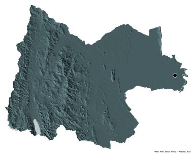 Tayland 'ın başkenti Uthai Thani' nin beyaz arka planda izole edilmiş hali. Renkli yükseklik haritası. 3B görüntüleme